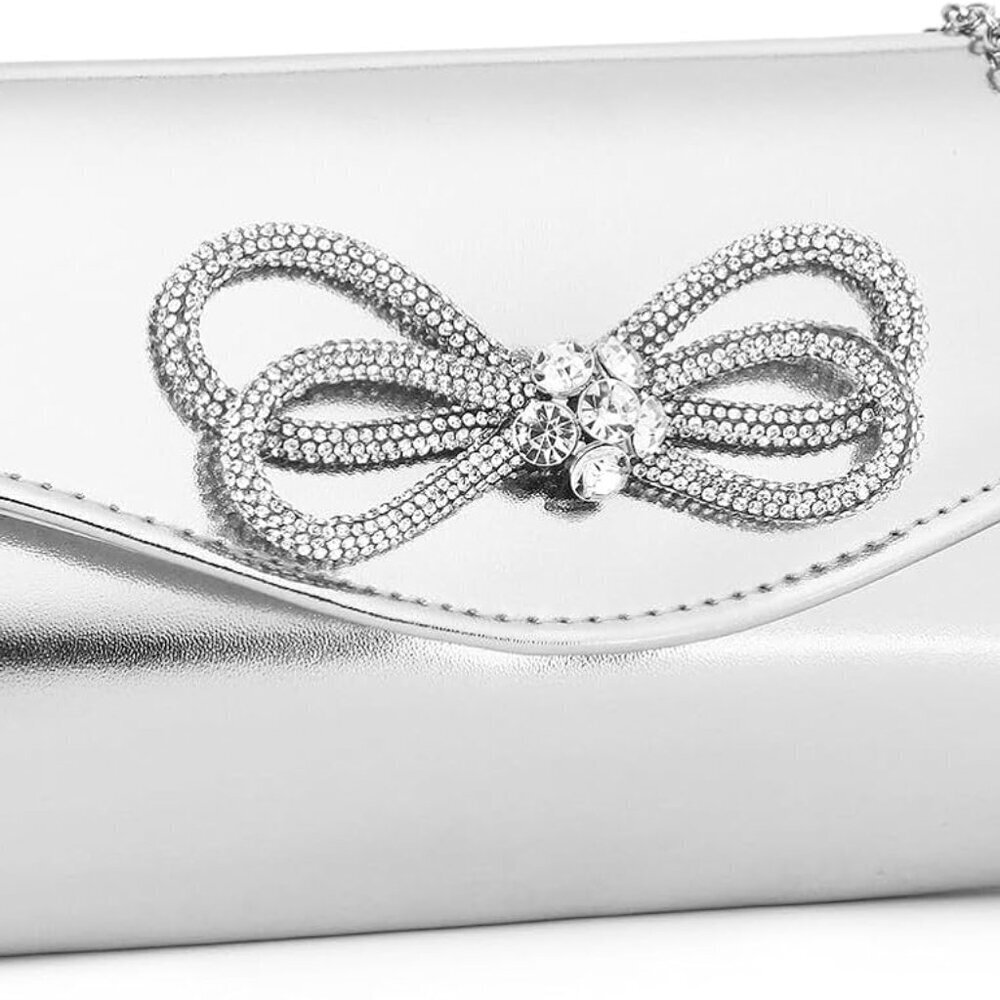 Evening Clutch Purse Leather Silver Crystal Bow Flap Shoulder Handbag